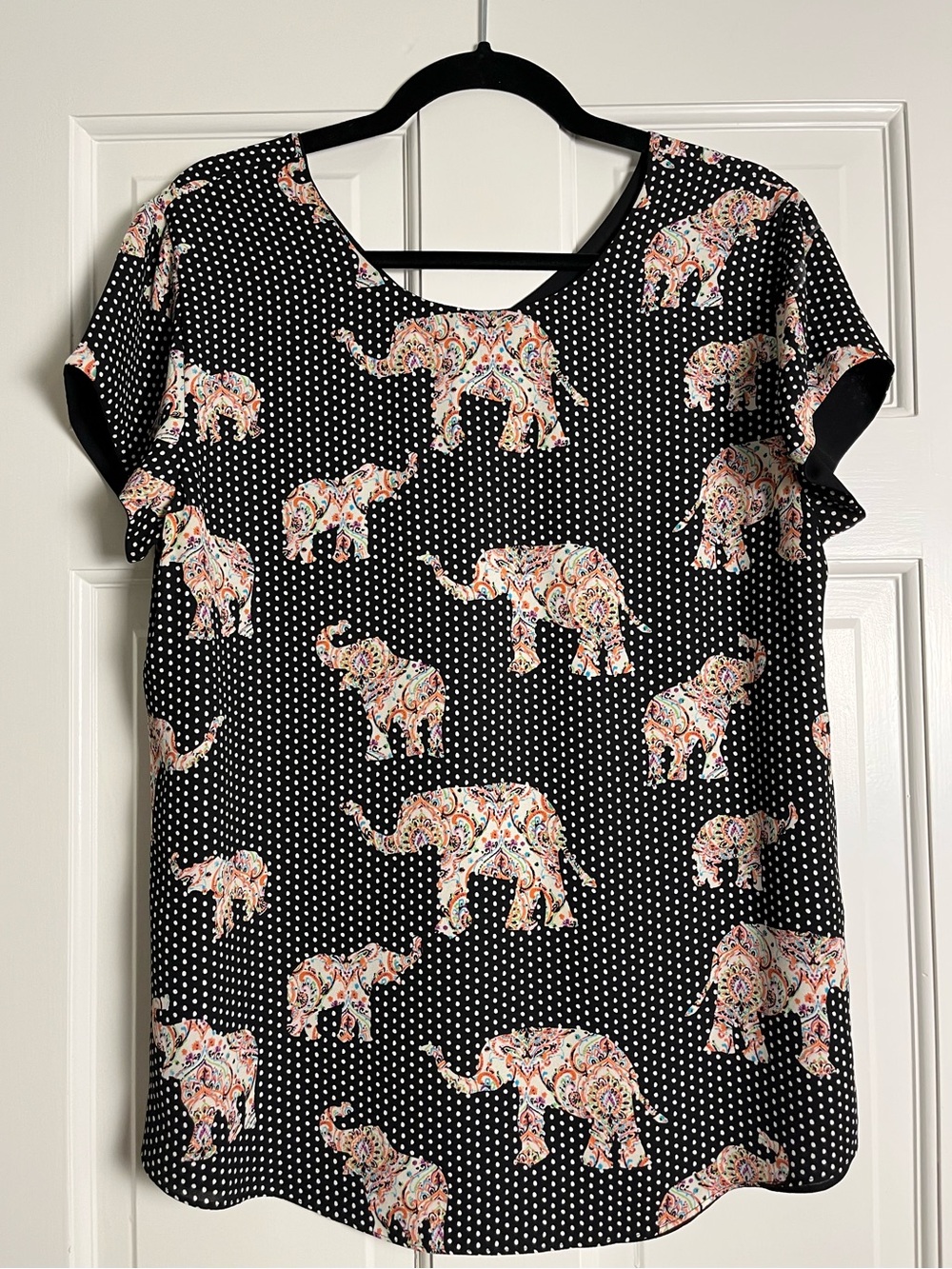 CHICO’S Paisley Elephant Print on Polka Dots Pullover Blouse.  Size 1.  8-10 US.